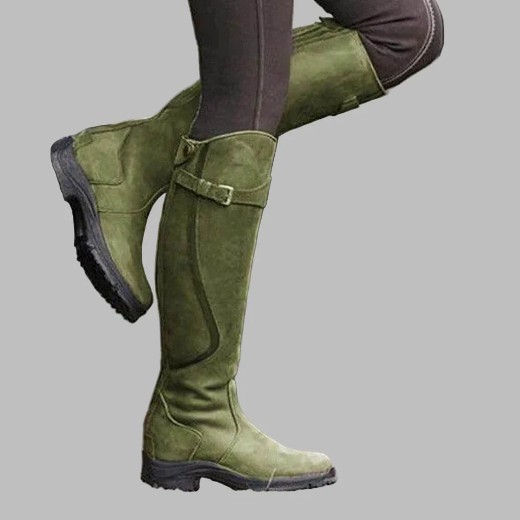 Women's tall riding boots with buckle strap and low heel