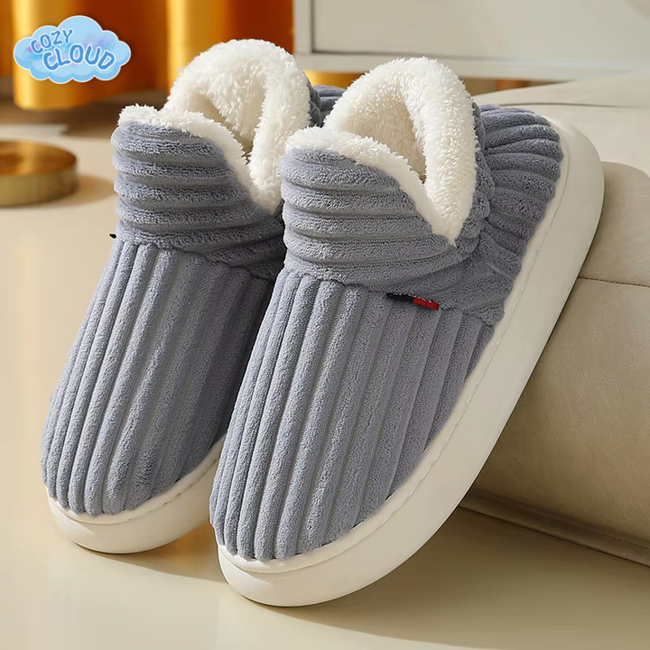Ribbed plush-lined slip-on slippers with round toes and flat white soles
