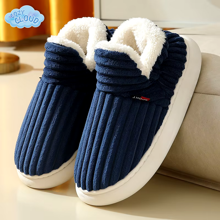 Ribbed plush-lined slip-on slippers with round toes and flat white soles
