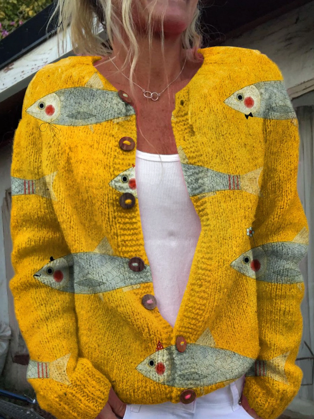 Women's yellow cardigan with repeated sardine print, V-neck and button front