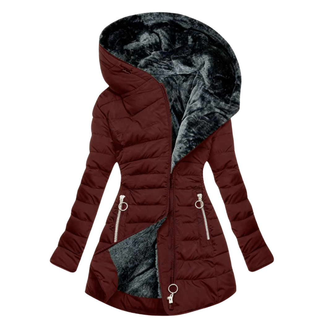 Women's hooded quilted coat with plush-textured lining and zip pockets