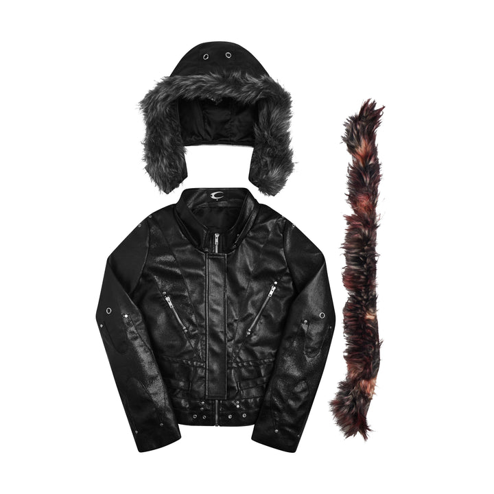 Black hooded jacket with fur-like trim, zip pockets and stud details