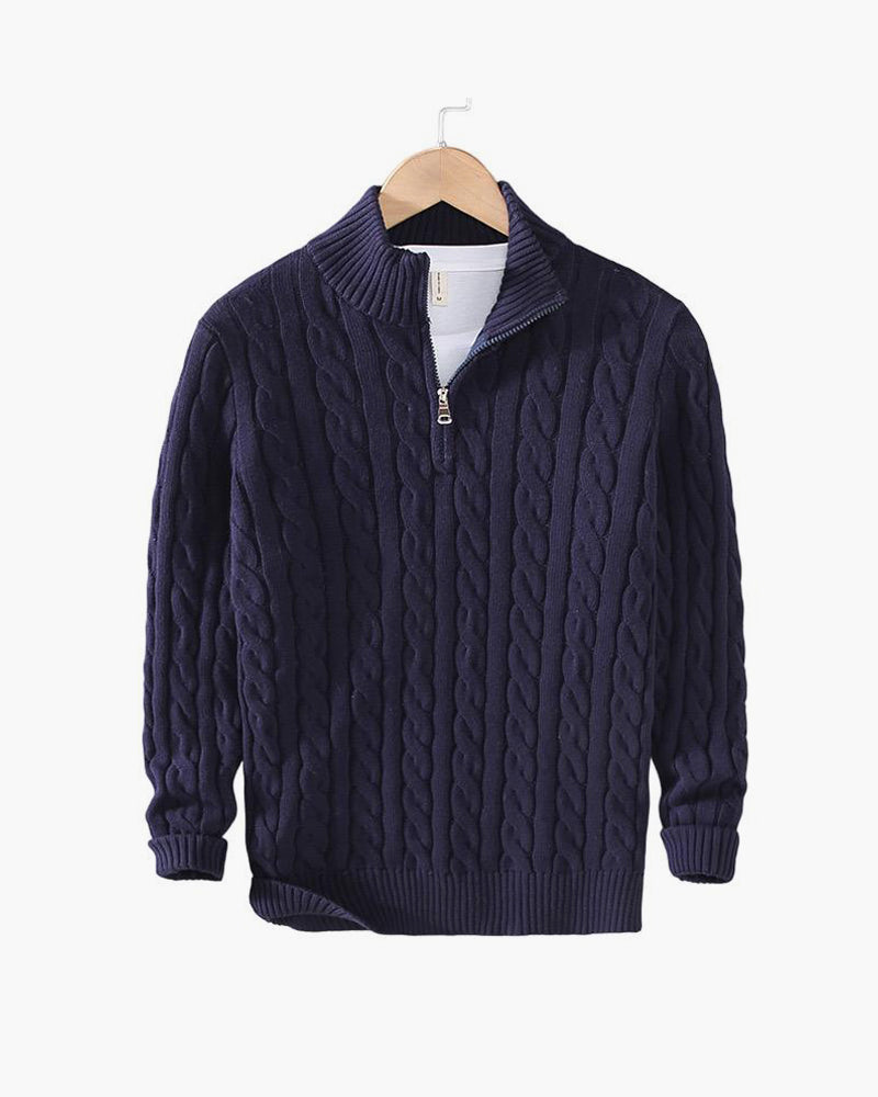 Men's cable knit quarter-zip sweater with mock neck and ribbed trims