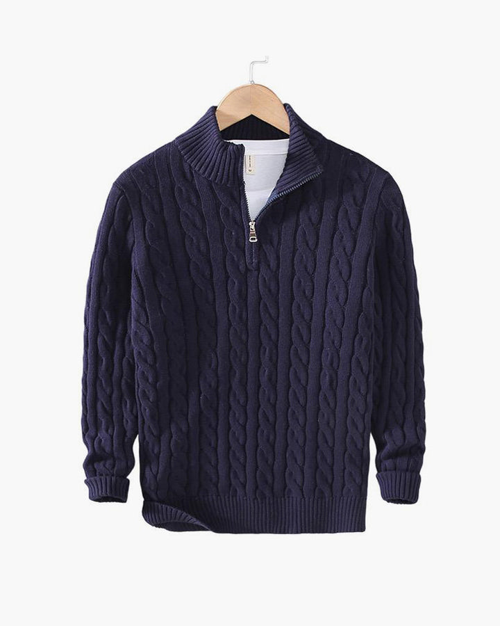 Men's cable knit quarter-zip sweater with mock neck and ribbed trims