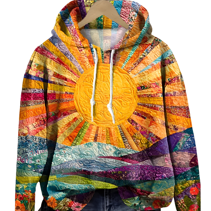 Women's multicoloured abstract printed hoodie with hood and cropped raw hem
