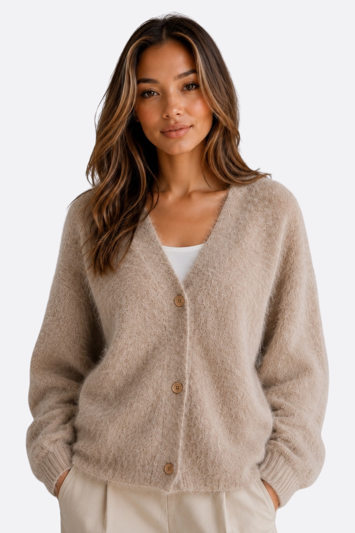 Women's textured V-neck cardigan with long sleeves and button front