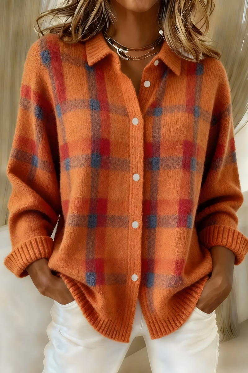 Women's checkered button-front cardigan with shirt collar