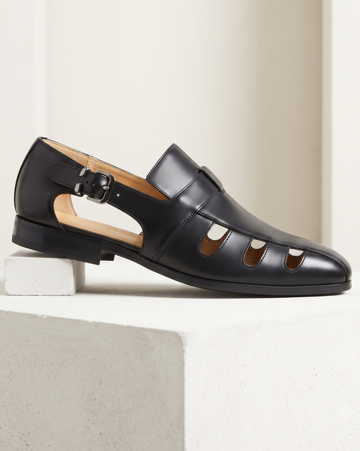 Monk-strap dress loafer with cutout vamp detailing and buckle fastening