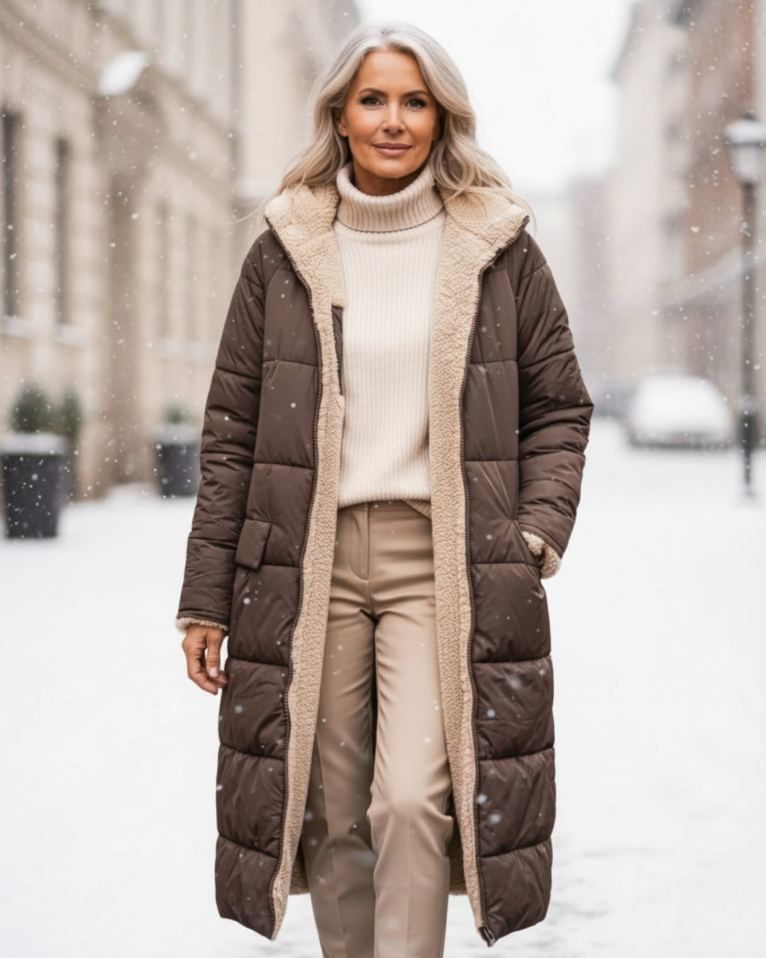 Women's long reversible quilted coat with contrasting trim and hooded collar