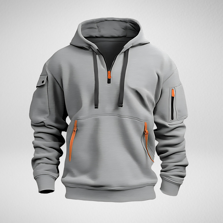 Men's hooded long-sleeve hoodie with quarter-zip neck and utility pockets