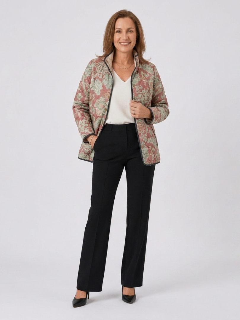 Women's terracotta floral quilted jacket with stand collar and button front