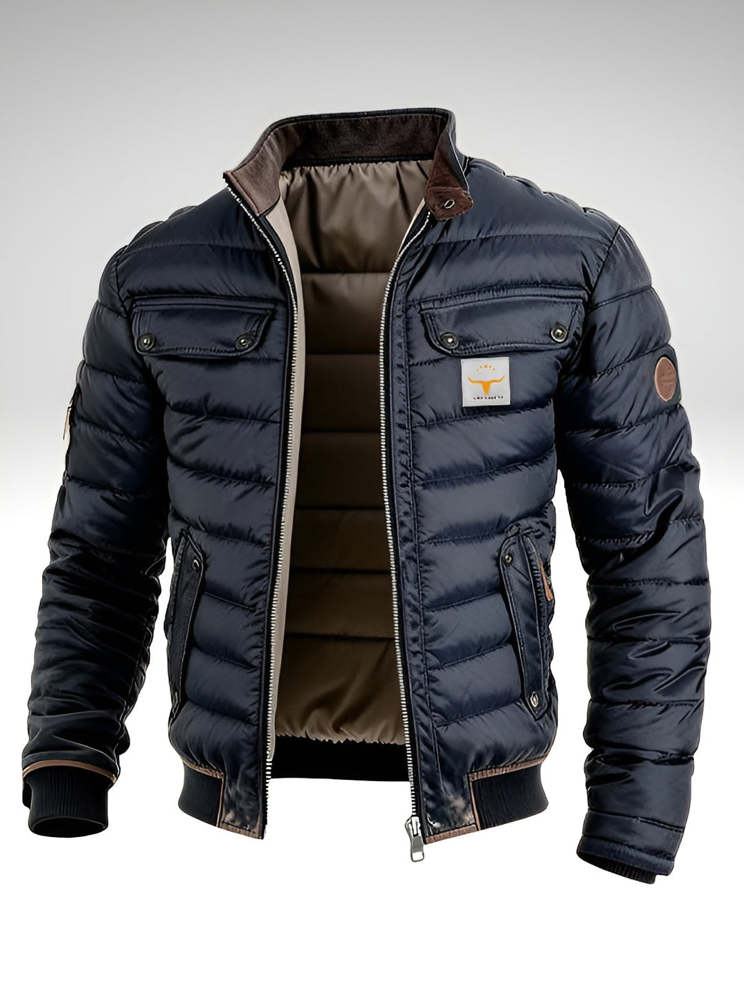 Men's navy quilted jacket with stand collar, zip front and multiple pockets