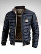 Men's navy quilted jacket with stand collar, zip front and multiple pockets