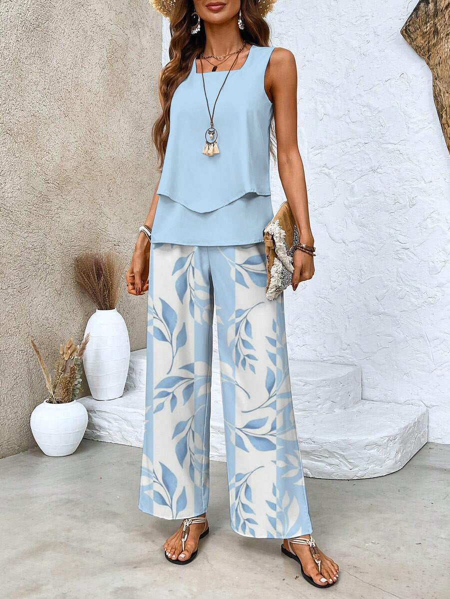 Women's Sleeveless Blouse and Wide-Leg Pants Set Two Pieces in Blue | Bellmere