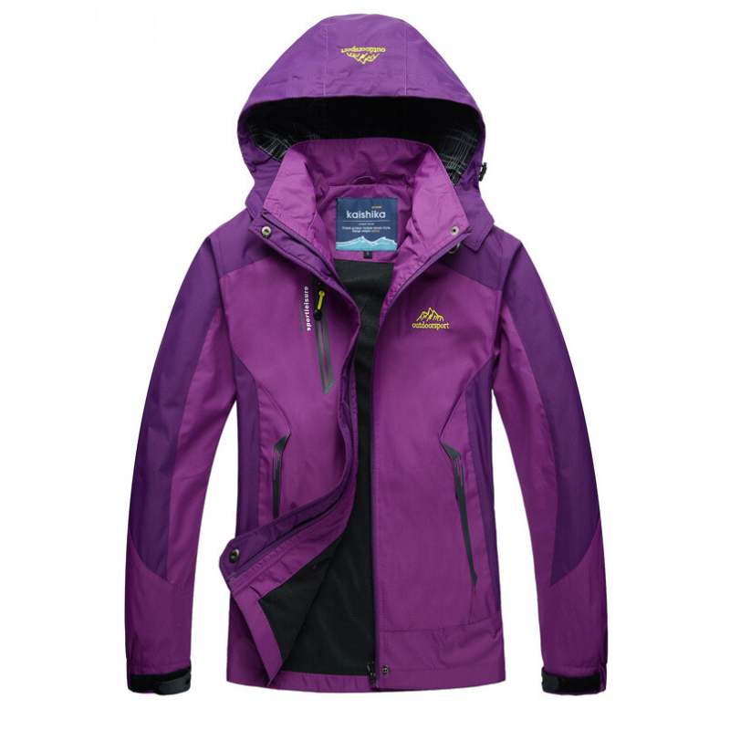 Women's hooded color-block jacket with long sleeves, zip pockets and front zipper