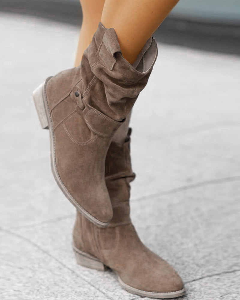 Women's slouch ankle boots with low heels, side zippers and wraparound straps