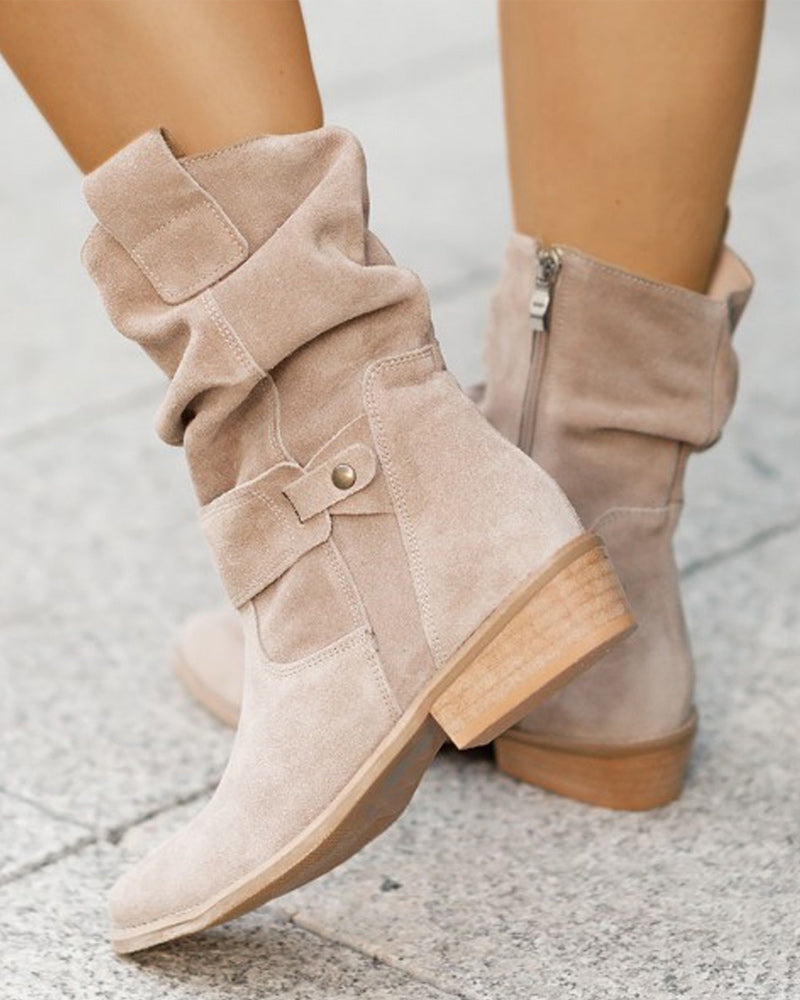 Women's slouch ankle boots with low heels, side zippers and wraparound straps