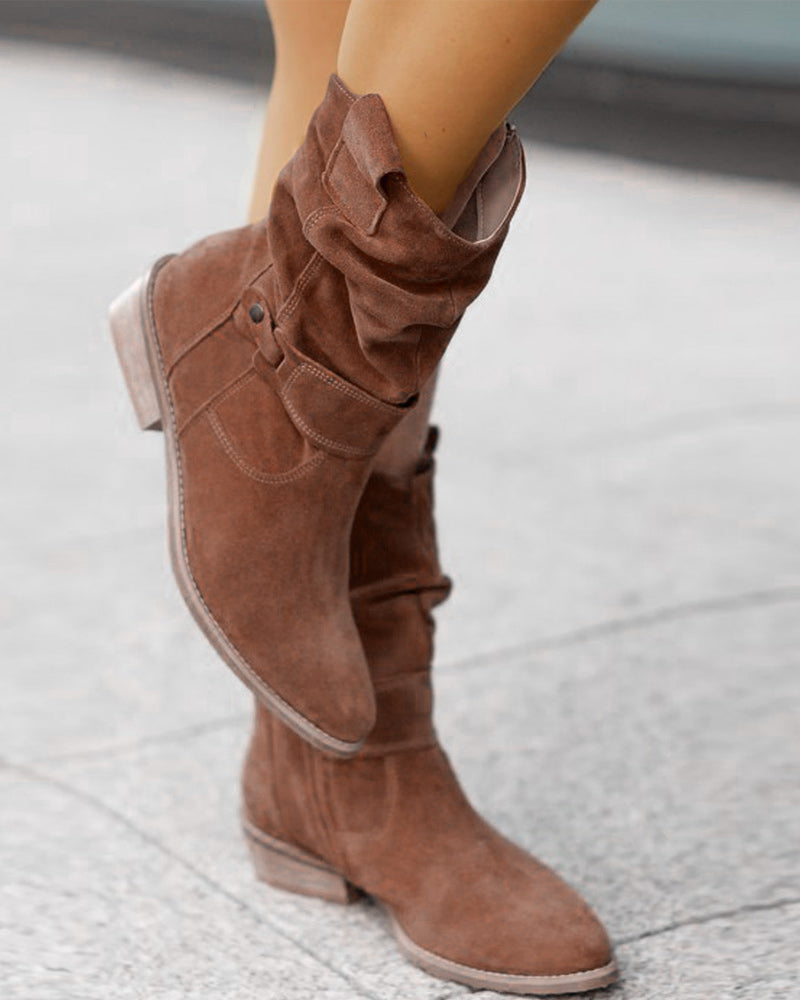 Women's slouch ankle boots with low heels, side zippers and wraparound straps