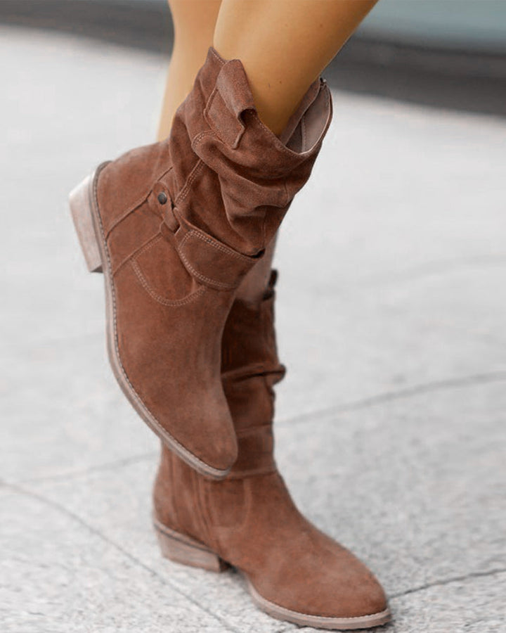 Women's slouch ankle boots with low heels, side zippers and wraparound straps