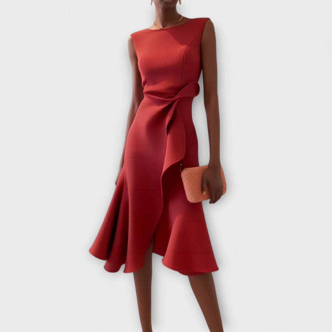 Women's Asymmetric Draped Midi Dress in Red | Bellmere