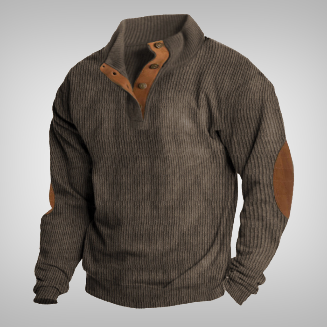 Men's ribbed mock neck sweater with button placket and elbow patches