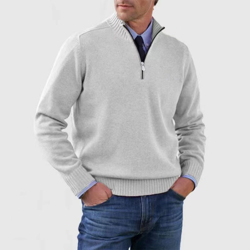 Men's long-sleeve half-zip mock neck sweater with ribbed trims