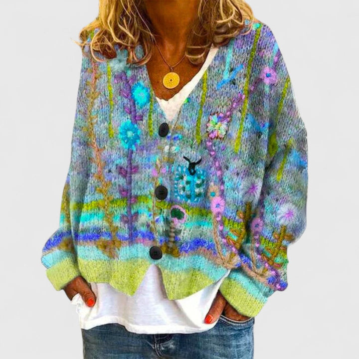 Women's floral striped V-neck button cardigan with long sleeves