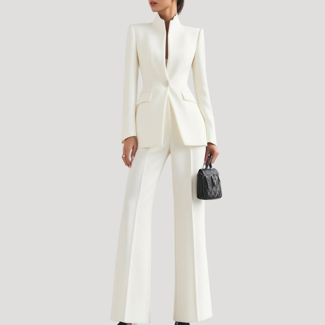 Women's blazer and wide-leg trouser suit set with high collar