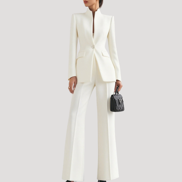 Women's blazer and wide-leg trouser suit set with high collar