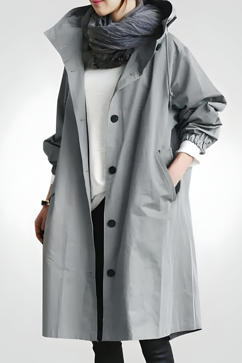 Women's longline hooded jacket with button front and gathered sleeves