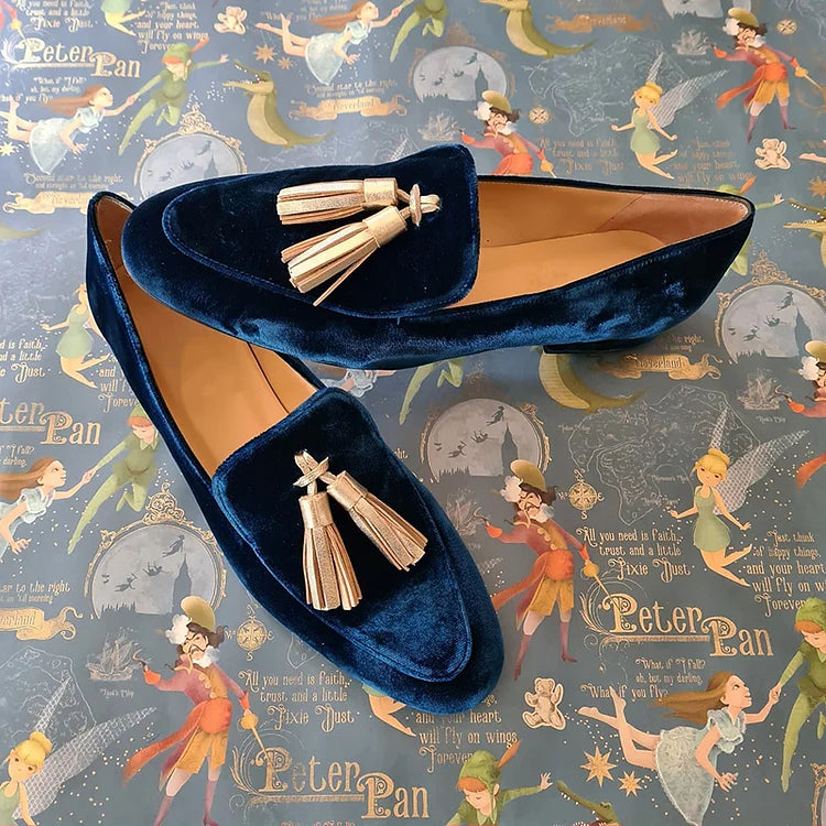 Women's blue velvet loafers with double tassel detail