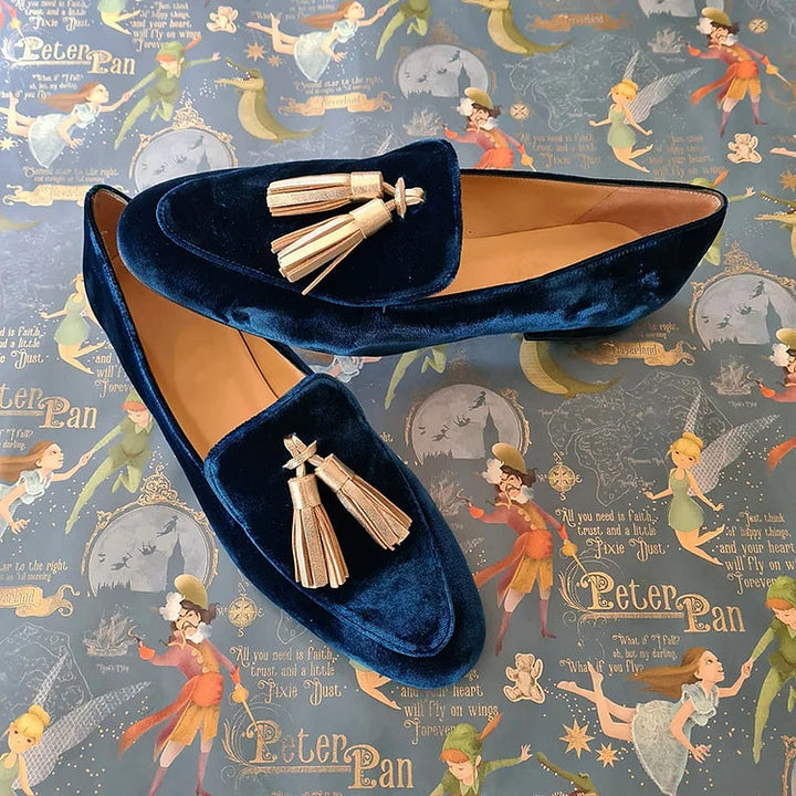 Women's blue velvet loafers with double tassel detail