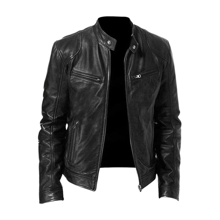 Unisex zip-front biker jacket with stand collar and multiple zipped pockets