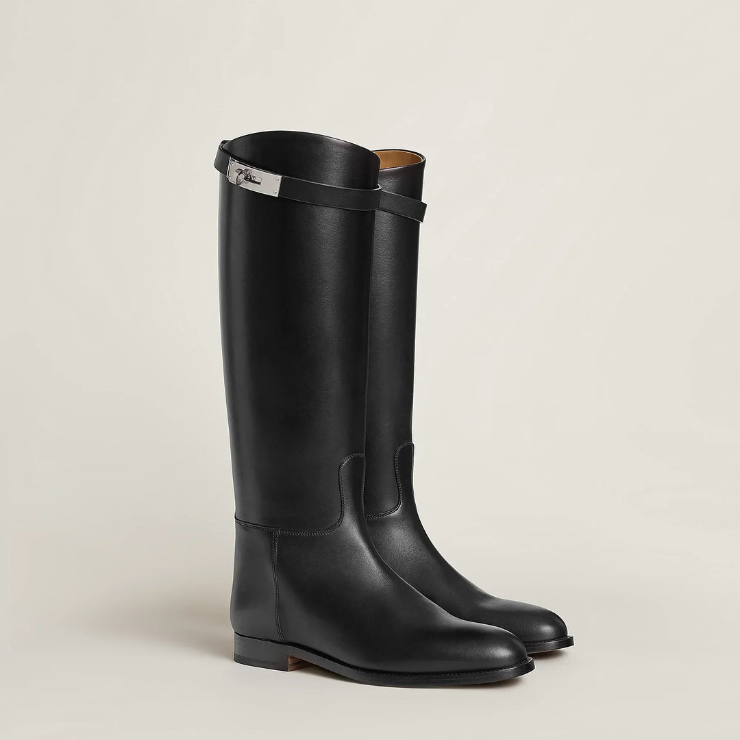 Women's tall knee-high riding boots with strap detail
