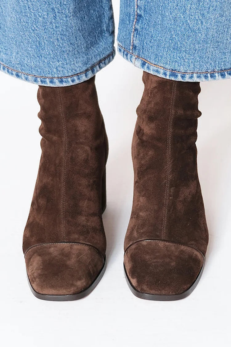 Brown square-toe ankle boots with side zips and block heels