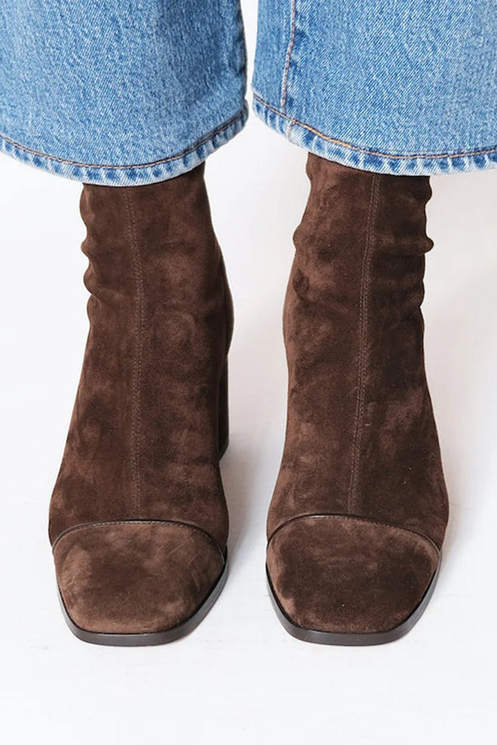 Brown square-toe ankle boots with side zips and block heels