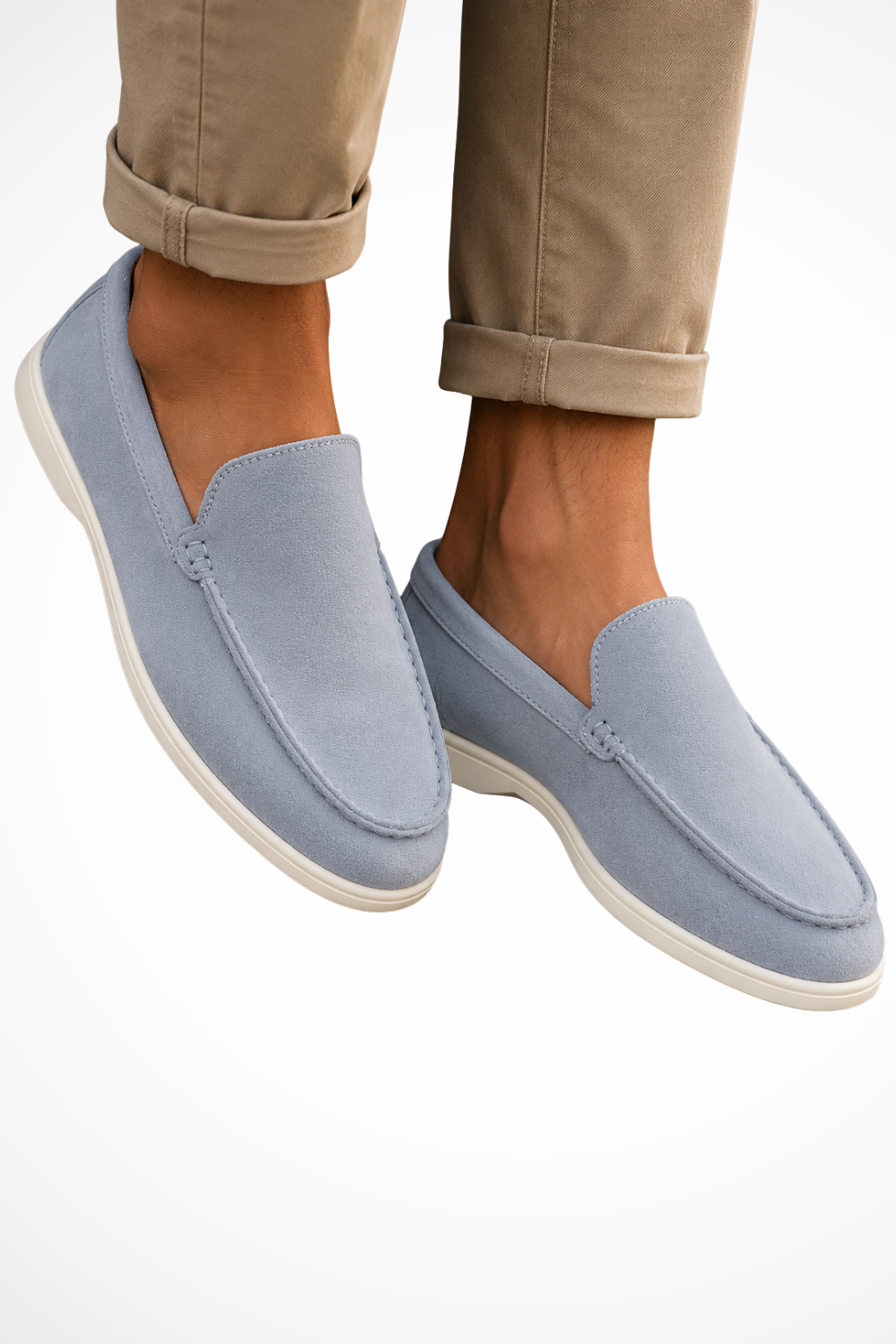 Men's slip-on loafers with rounded moc toe stitching and flat white soles