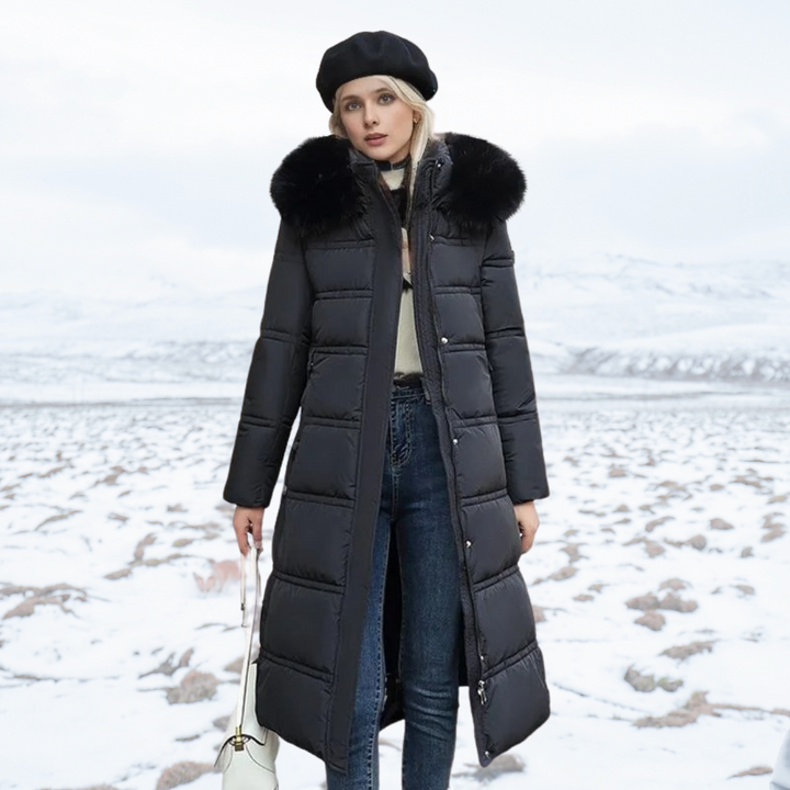 Women's longline quilted winter coat with fur-trim hood