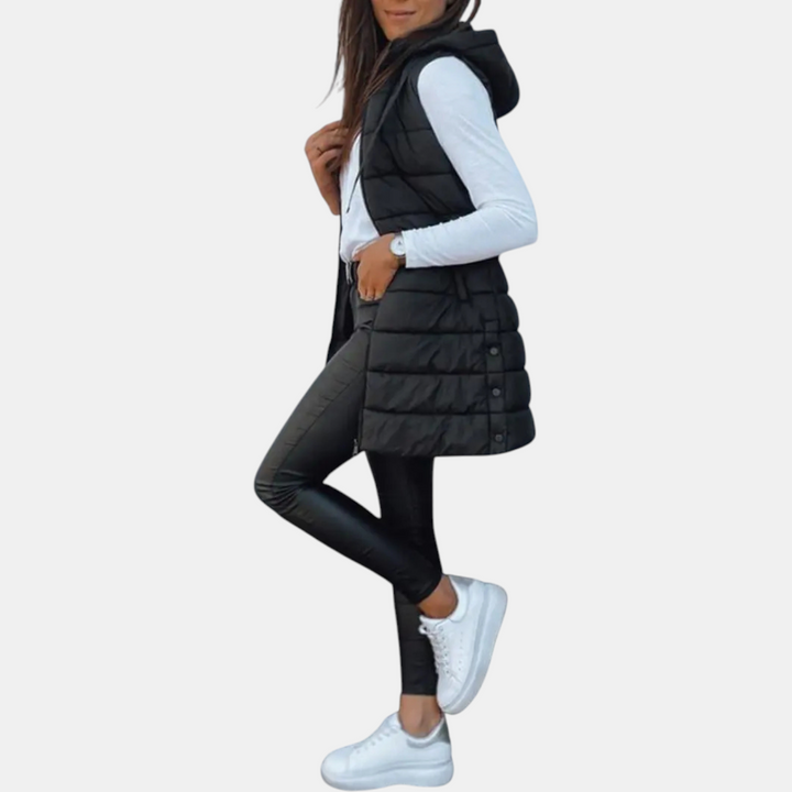 Women's longline hooded puffer vest