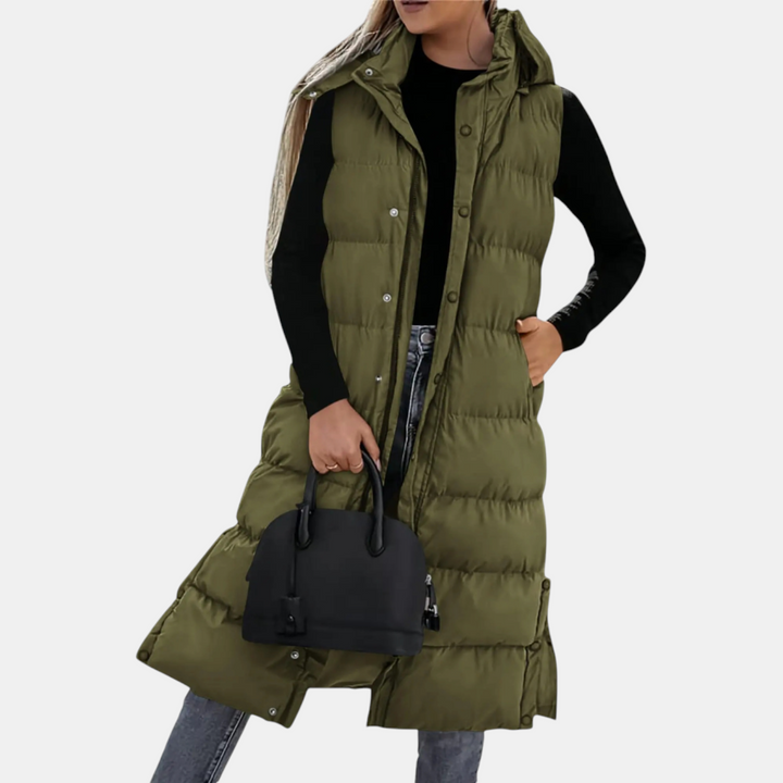 Women's long hooded puffer gilet with snap front and side pockets