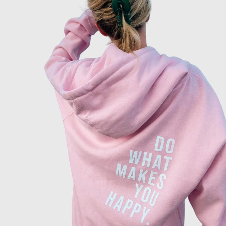 Women's oversized pullover hoodie with hood, long sleeves and stacked back text print