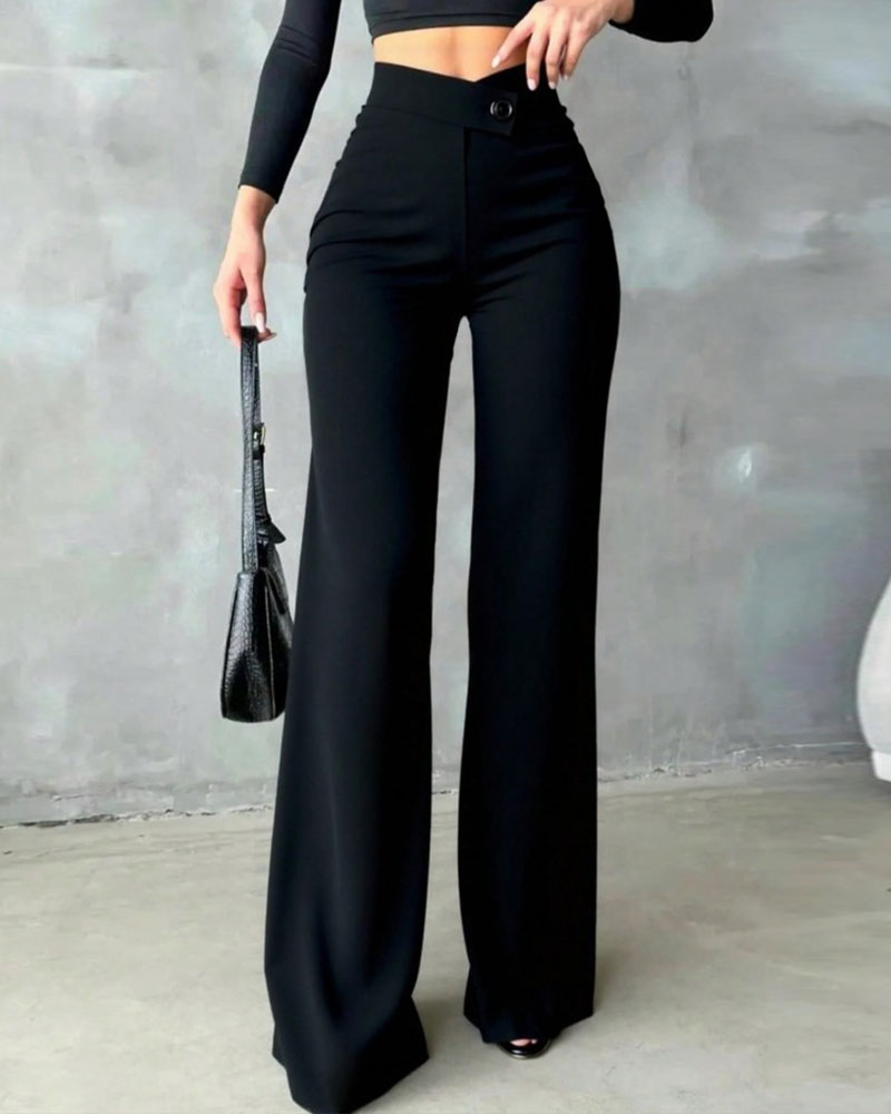 Women's high-waisted wide-leg suit pants with a button waist
