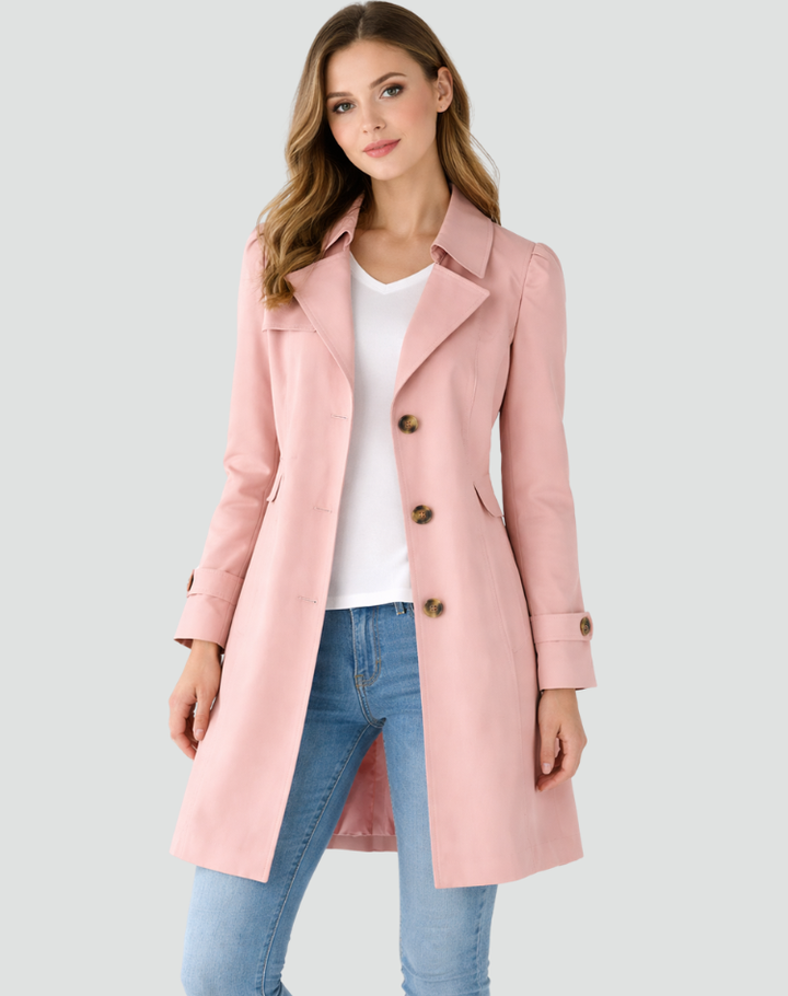 Women's long sleeve trench coat with notched lapel collar and button front