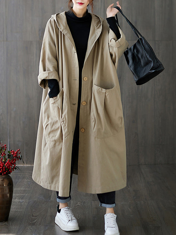 Women's long hooded trench coat with rolled sleeves and large front pockets