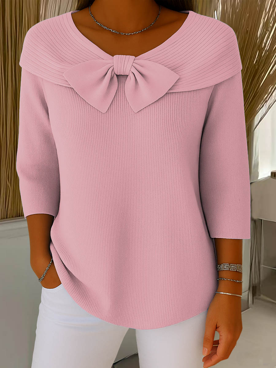 Women's ribbed sweater with round neck, 3/4 sleeves and centre bow detail