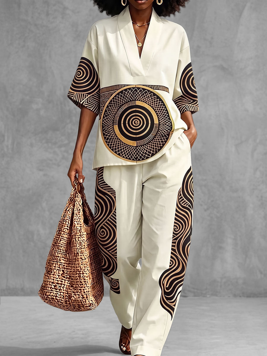 Women's cream wide-leg trousers with geometric contrast panels