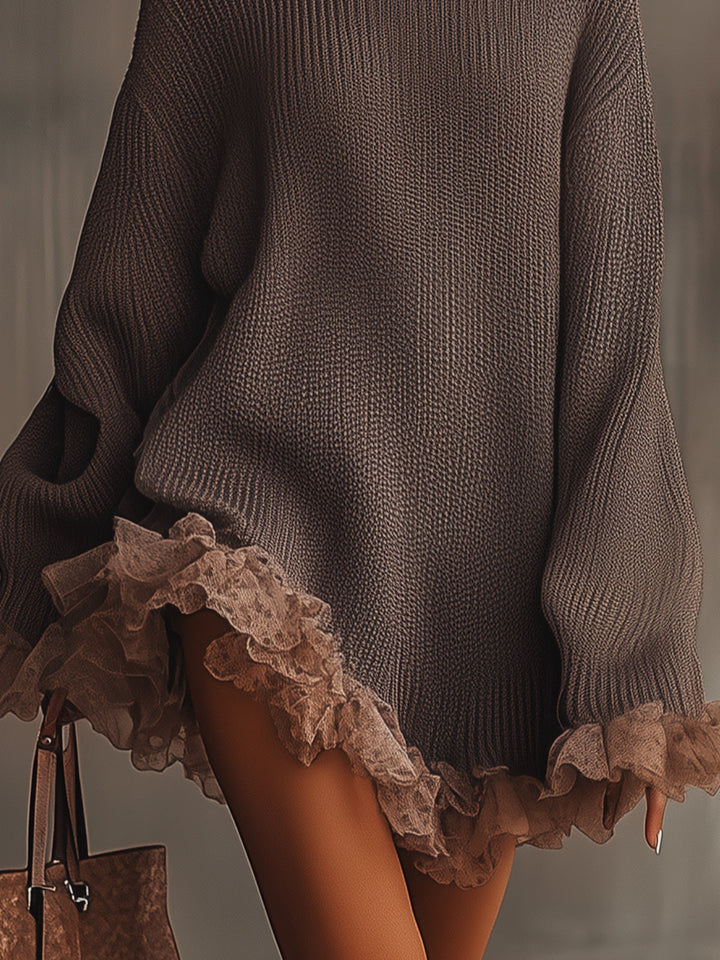 Women's brown textured knit mini dress with turtleneck and ruffle trim