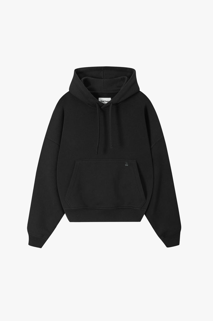 Black hooded sweatshirt with raised lettering on the back and sleeves