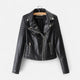 Women's black biker jacket with diagonal zip front and quilted sleeves