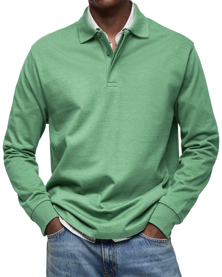 Men's long sleeve polo sweater with collared button placket and ribbed cuffs